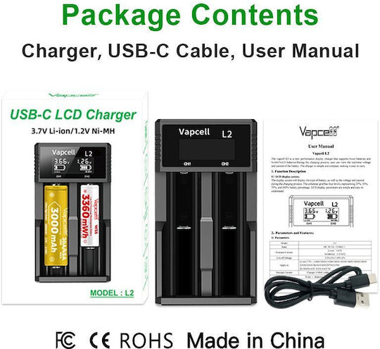 Vapcell L2 USB Зарядно 2 за батерии Li-ion/Ni-Cd/Ni-MH Размер AA/AAA/18650/21700/16340/26650/14500 в Черен цвят