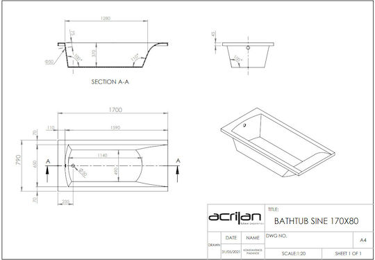 Acrilan Sine Μπανιέρα Ακρυλική 170x80cm