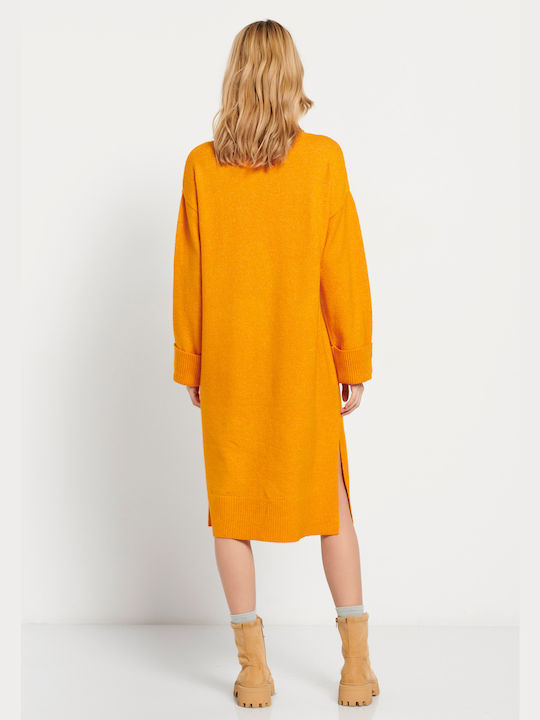 Funky Buddha Midi Kleid Gestrickt mit Schlitz Orange