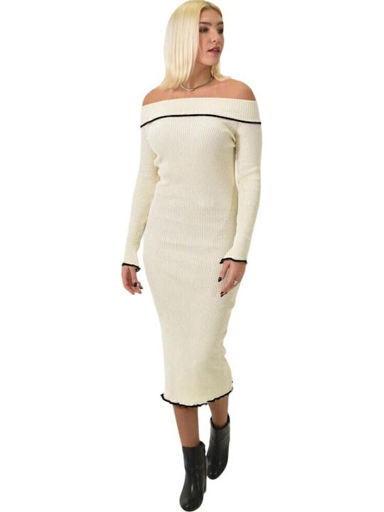 Midi Βραδινό Φόρεμα Strapless Εκρού