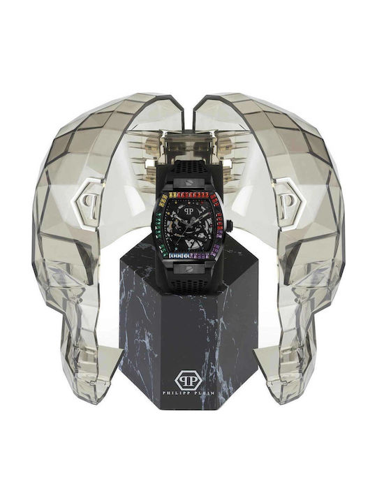Philipp Plein Hexagon Phantom Crystals Мъжки Часовник На Батерия С Черна Каучукова Каишка