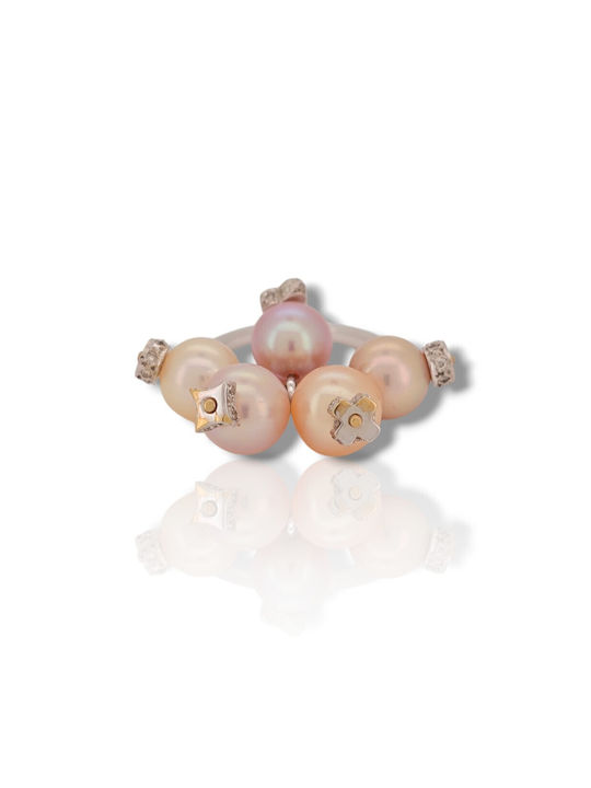 Mentzos Ring with Pearls & Diamond made of White gold 18K