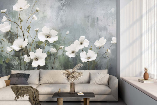 Zeitgenössische Wandbild Schlafzimmer Weiße Blumen Tapete 197x296