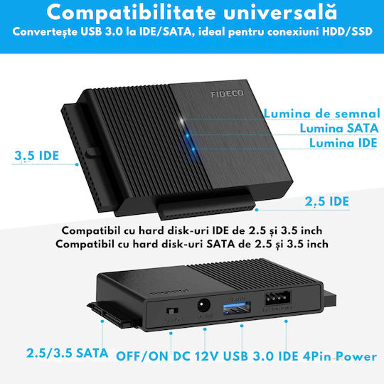 Adaptor Fideco USB 3.0 la SATA IDE 2.5/3.5 HDD SSD Compatibil Windows Mac Linux Chrome OS Transfer Ultra Rapid 5Gbps Suportă Până la 16TB Plug Play Alimentare Ideal Backup Gaming Transfer Date