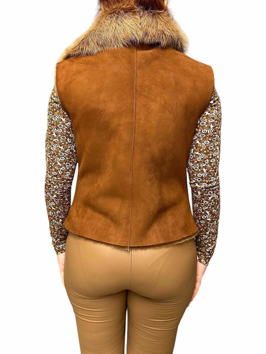 Women's Sleeveless Short Fur Λαδί, Ταμπά