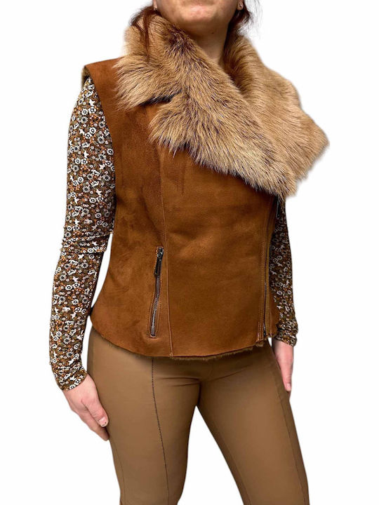 Women's Sleeveless Short Fur Λαδί, Ταμπά