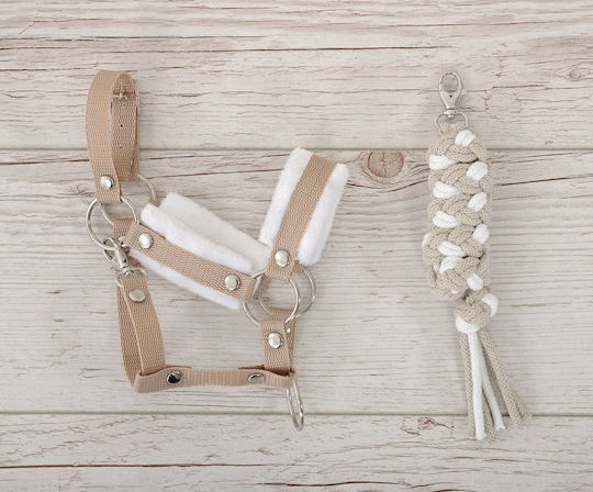 Steckenpferd-Set A3 Halfter Weißes Fell + Führstrick Weiß-Beige
