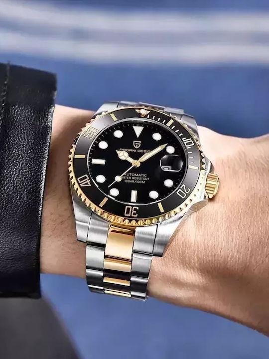 Ceas Bărbați Pagani Design Submariner Mecanic Auriu Negru