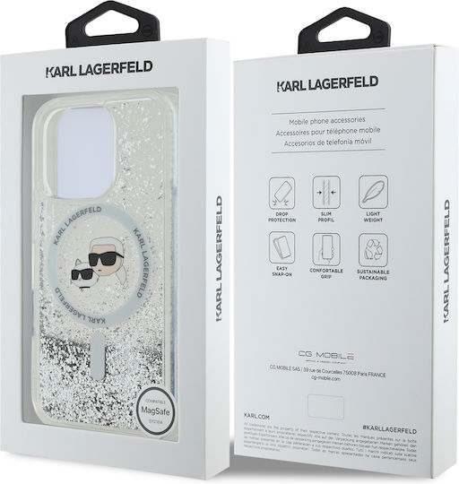 Karl Lagerfeld Flüssiges Glitzer Karl Choupette Köpfe Magsafe Hülle iPhone 16 Pro Transparent