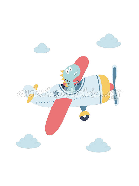 Autocolant de Perete cu Dinozaur și Avion cu 4 Nori 80cm X 53cm
