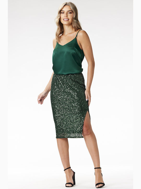 Awama Satin Pencil Midi Skirt Bottle Green