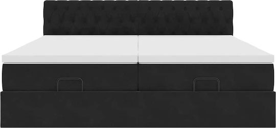 King Size Upholstered Fabric Bed Black with Storage Space Slats & Mattress 200x200cm
