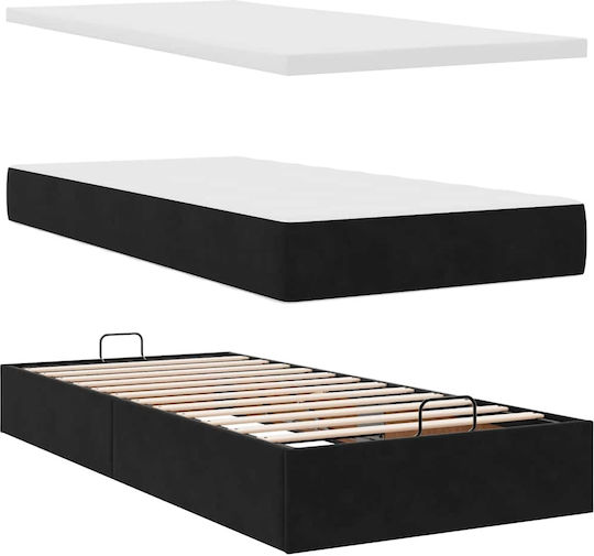 King Size Upholstered Fabric Bed Black with Storage Space Slats & Mattress 200x200cm