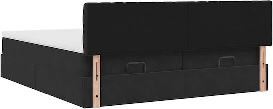 King Size Upholstered Fabric Bed Black with Storage Space Slats & Mattress 200x200cm