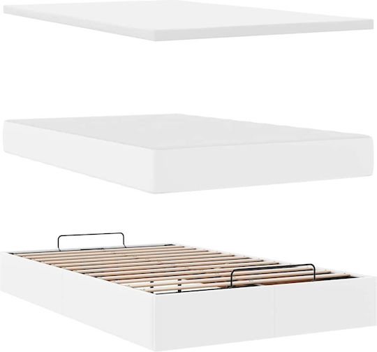 Half Double Bed Upholstered with Faux Leather White with Storage Space with Slats & Mattress 120x200cm