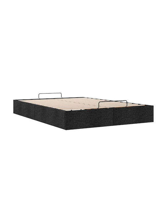 Double Upholstered Bed Base with Fabric Black with Storage Space & Slats for Mattress 140x200cm
