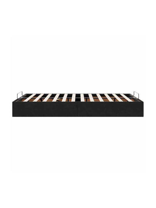Half Double Bed Base Upholstered with Black Fabric with Storage Space & Slats for Mattress 120x190cm