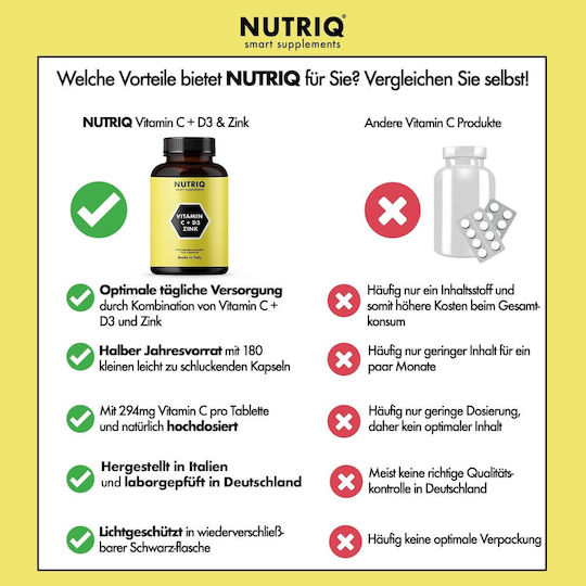 Nutriq Vitamine C + D3 și Zinc Vitamina pentru Întărirea Imunității Părului și Pielii 180 Capsule Pe Bază De Plante