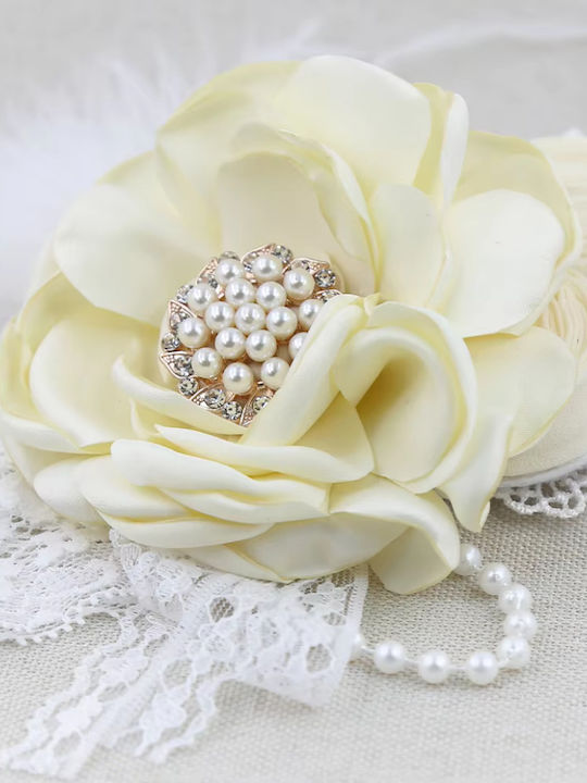 Ultra Impressive Dazzling Formal Lace Headband Wonderfully Decorated with Flowers – Beautiful Beads – Shiny Pearls Diamonds Unique Feathers – White Champagne