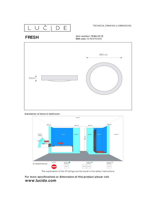 Lucide Lightning Fresh Ceiling Mount Light Bathroom 35cm Silver with Socket E27