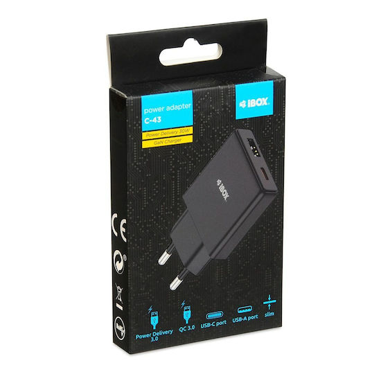 iBox Ladegerät ohne Kabel GaN mit USB-A Anschluss und USB-C Anschluss 30W Stromlieferung / Schnellaufladung 3.0 Schwarzs (C-43)