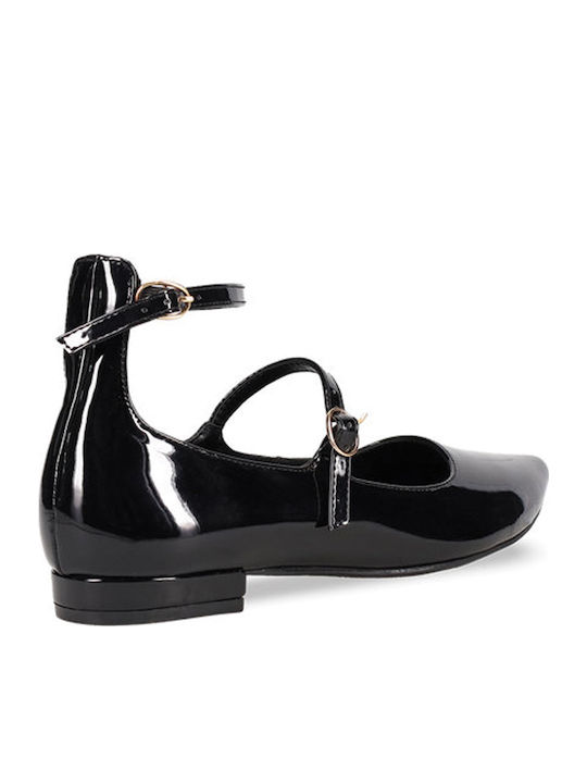 Damen Ballerinas Spitz zulaufend aus Lackleder mit Riemen Schwarze