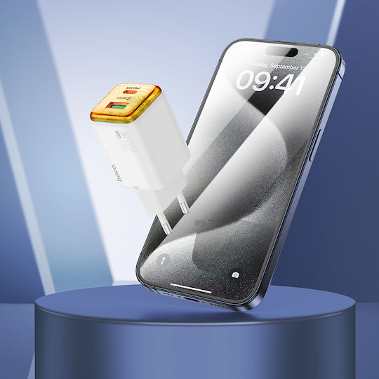 Hoco Încărcător Fără Cablu GaN cu Port USB-A și Port USB-C 20W Livrarea energiei / Quick Charge 3.0 Albς (N52)