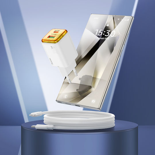 Hoco GaN с USB-A порт и USB-C порт и кабел USB-C - USB-C 20W Power Delivery / Quick Charge 3.0 Бял (N52)