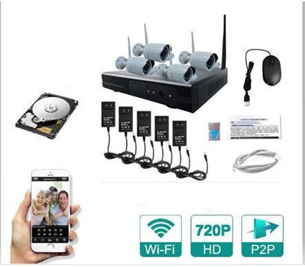 Surveillance System 4 Cameras Wireless Cameras IP 720P with Recorder NVR & Hard Disk 500GB