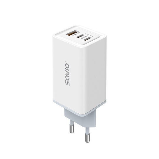 Savio GaN с USB-A порт и 2 USB-C порта и кабел USB-C - USB-C 65W Power Delivery / Quick Charge 3.0 Бял (LA-07)