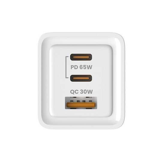Savio GaN с USB-A порт и 2 USB-C порта и кабел USB-C - USB-C 65W Power Delivery / Quick Charge 3.0 Бял (LA-07)
