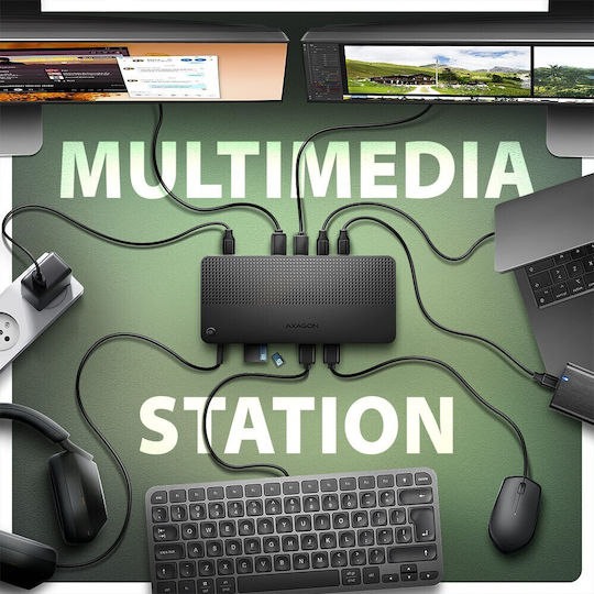 Axagon USB-C Dockingstation für Laptops mit HDMI/DisplayPort 4K PowerDelivery Ethernet und Verbindung für 2 Monitore Schwarz