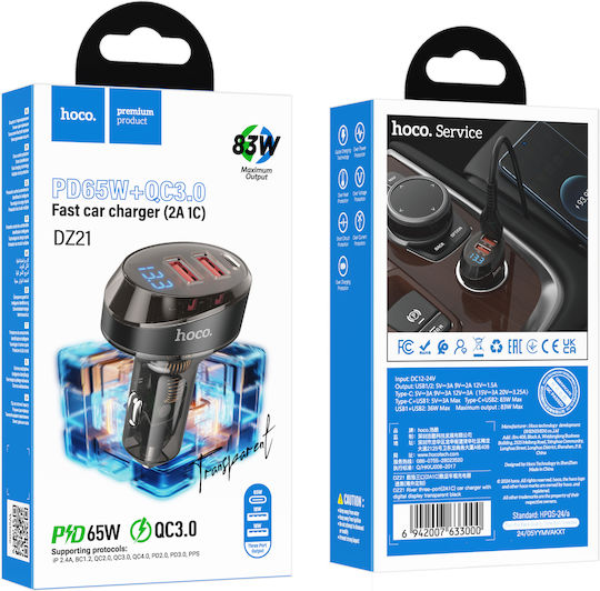 Hoco Car Charger Black Fast Charging with Ports: 1xUSB 1xType-C with Cable Type-C / Embedded