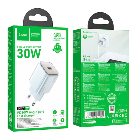 Hoco Φορτιστής Χωρίς Καλώδιο GaN με Θύρα USB-C 30W Power Delivery Μπλε (N47)