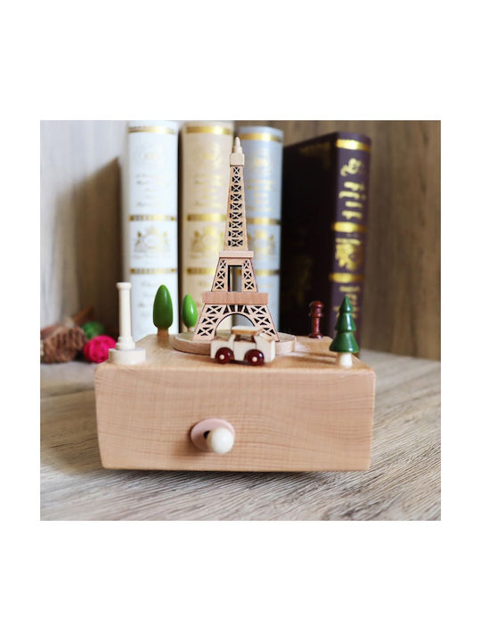 Wooden Tabletop Decorative Music Box Design Wind-up Eiffel Tower Carriage Trees Light Brown