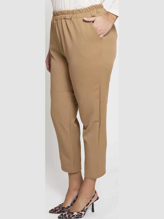 Women's Fabric Trousers with Rubber Band in Carrot Fit Beige