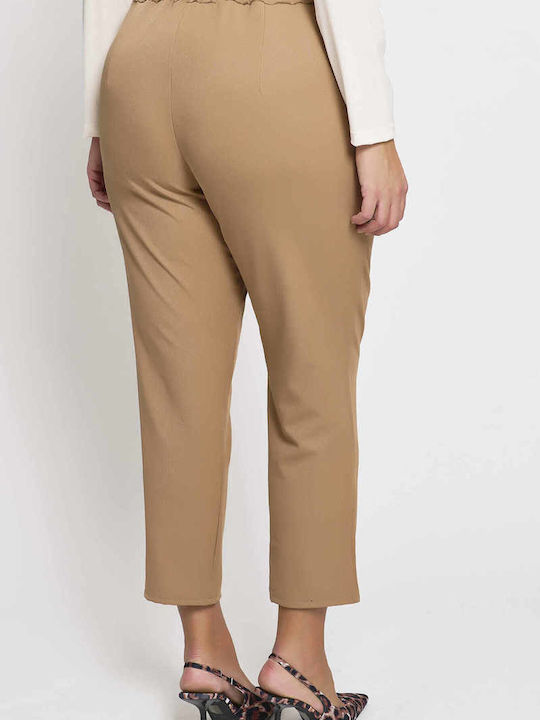 Women's Fabric Trousers with Rubber Band in Carrot Fit Beige