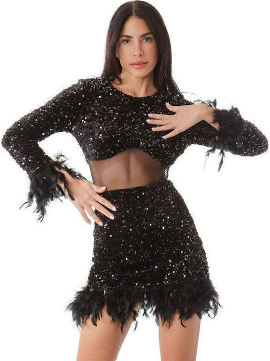 Mini Abendkleid Samt mit Transparenz Black