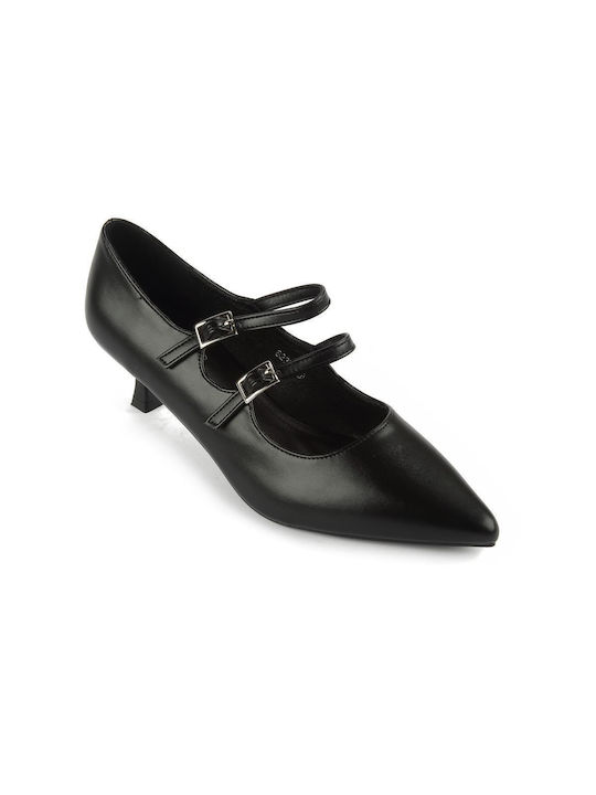 Fshoes Synthetic Leather Pointed Toe Black Low Heels with Strap