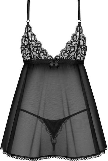 Obsessive Blomentis Set Sexy Nightgown with Lace and Transparency Black