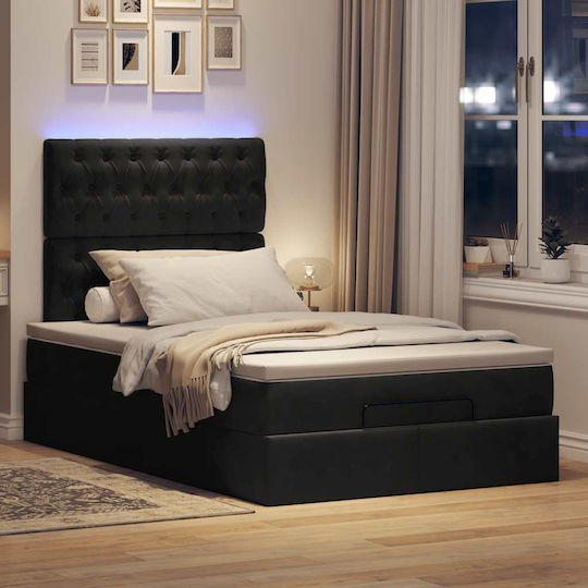 Semi-Double Bed Upholstered with Black Fabric with Storage Space Slats & Mattress 120x190cm