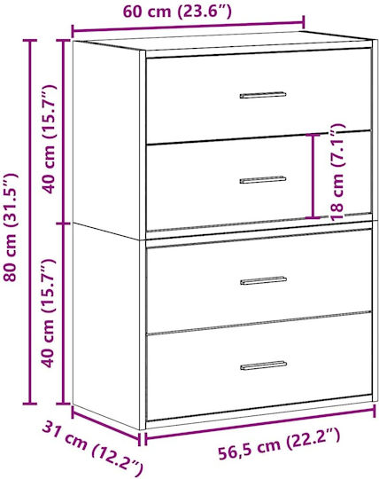 Wooden Chest of Drawers with 4 Drawers Smoked Oak 60x31x60cm