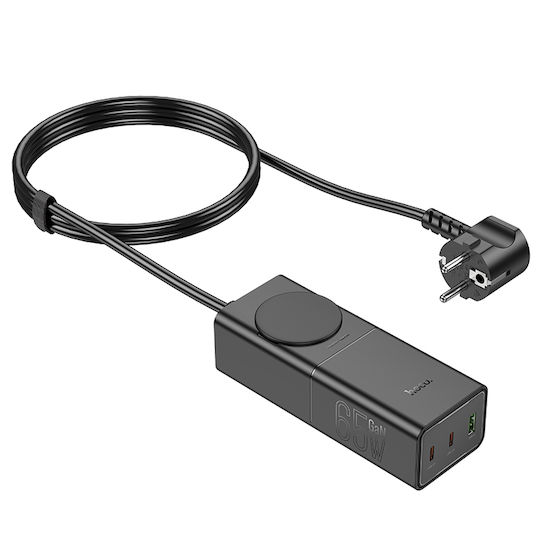 Hoco с USB-A порт и 2 USB-C порта 65W Power Delivery / Quick Charge 3.0 Черен (NS4)