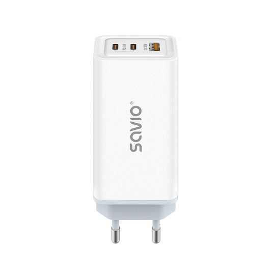 Savio GaN с USB-A порт и 2 USB-C порта и кабел USB-C 65W Power Delivery / Quick Charge 3.0 Бял (LA-07)