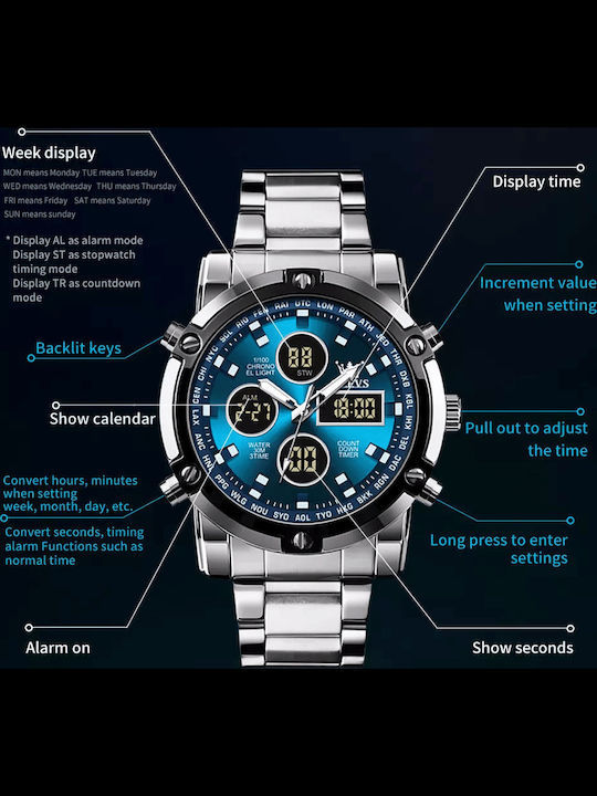Olevs Men's Watch 48mm Chronograph Battery with Silver Metal Bracelet