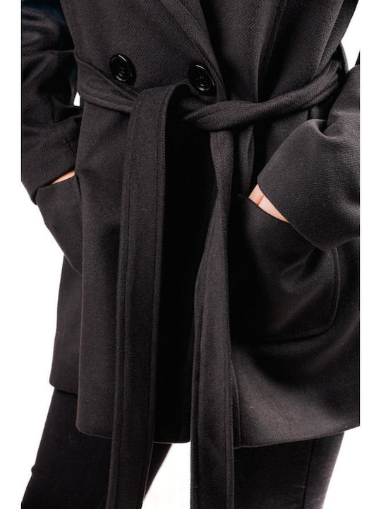 Damen black Kurzmantel mit Gürtel