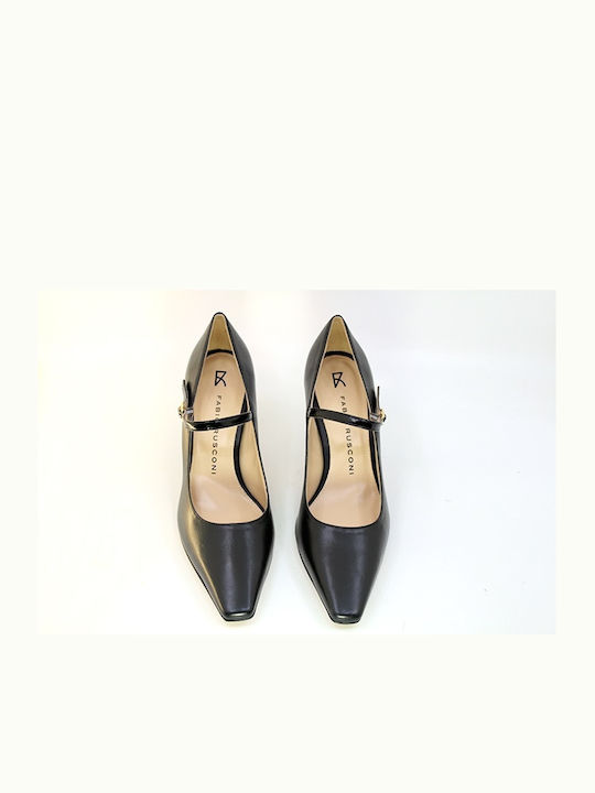 Leather Black High Heels with Strap