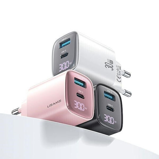 Usams Charger Without Cable GaN with USB-A Port and USB-C Port 30W Whites (CC229)