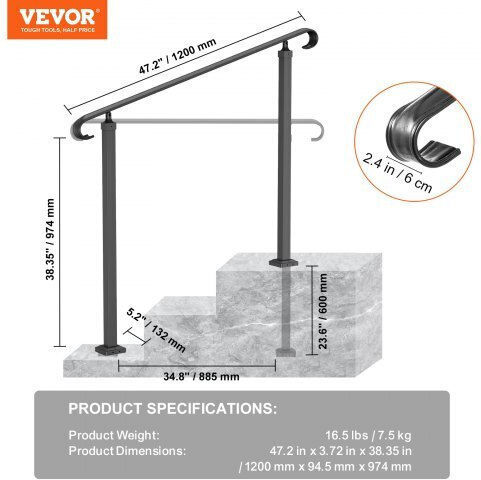 Balustradă din fier Vevor, balustradă neagră reglabilă pentru 2-3 trepte exterioare, kit de instalare Ltfs1.2mlzfs00001v0
