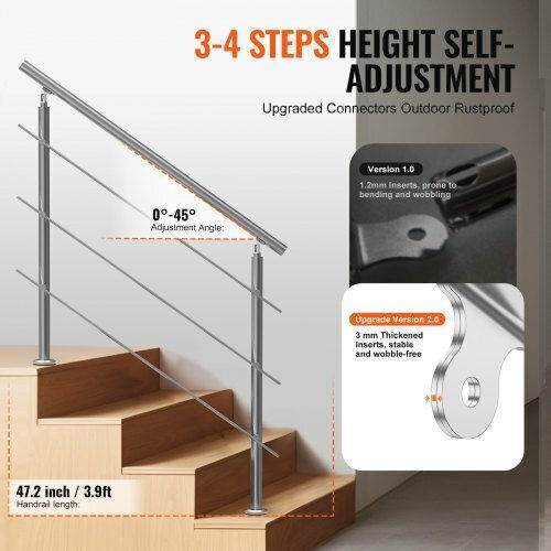 Vevor Handrails 47.2" Outdoor Steps 3 Rods Porch Deck Bxgslzfs120ccrs3ev0